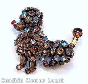 Schreiner sitting poodle pin ab crystal ruby small square stone metalic brown navette topaz chaton jewelry