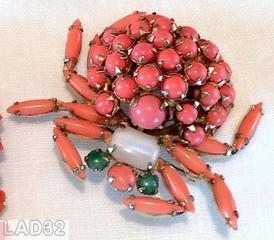 Schreiner spider domed round clustered body 6 navette leg coral peking glass small chaton eye moonglow white rectangle stone goldtone jewelry