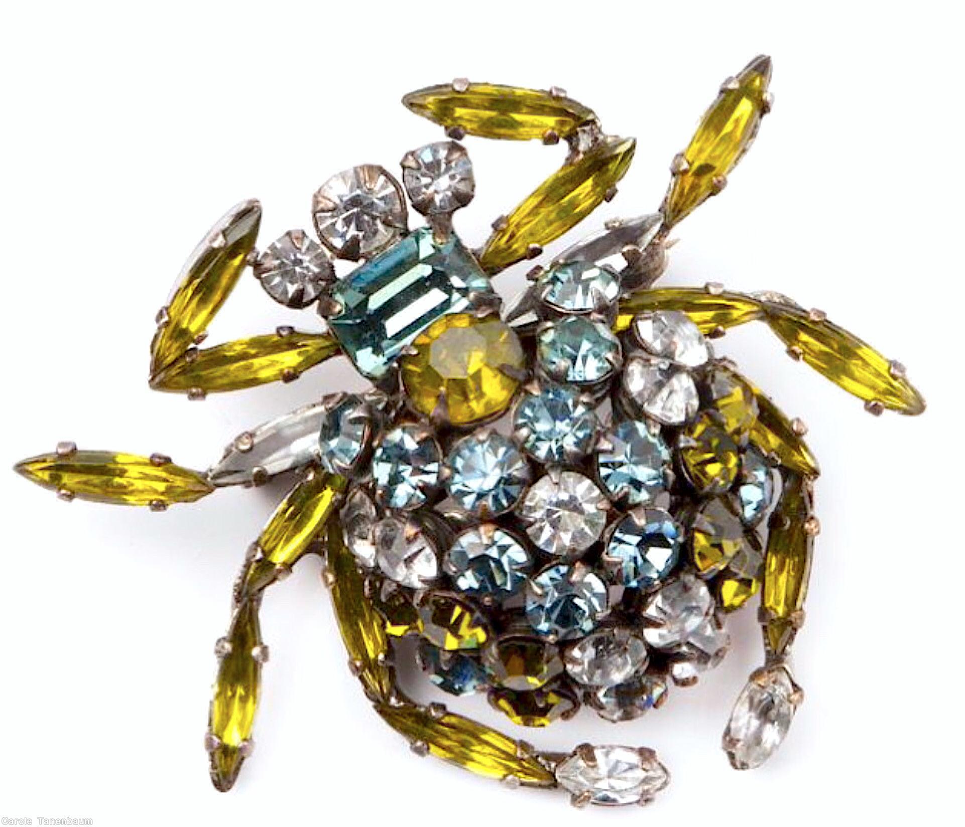 Schreiner spider domed round clustered body 6 navette leg ice blue small chaton crystal small chaton peridot navette jewelry