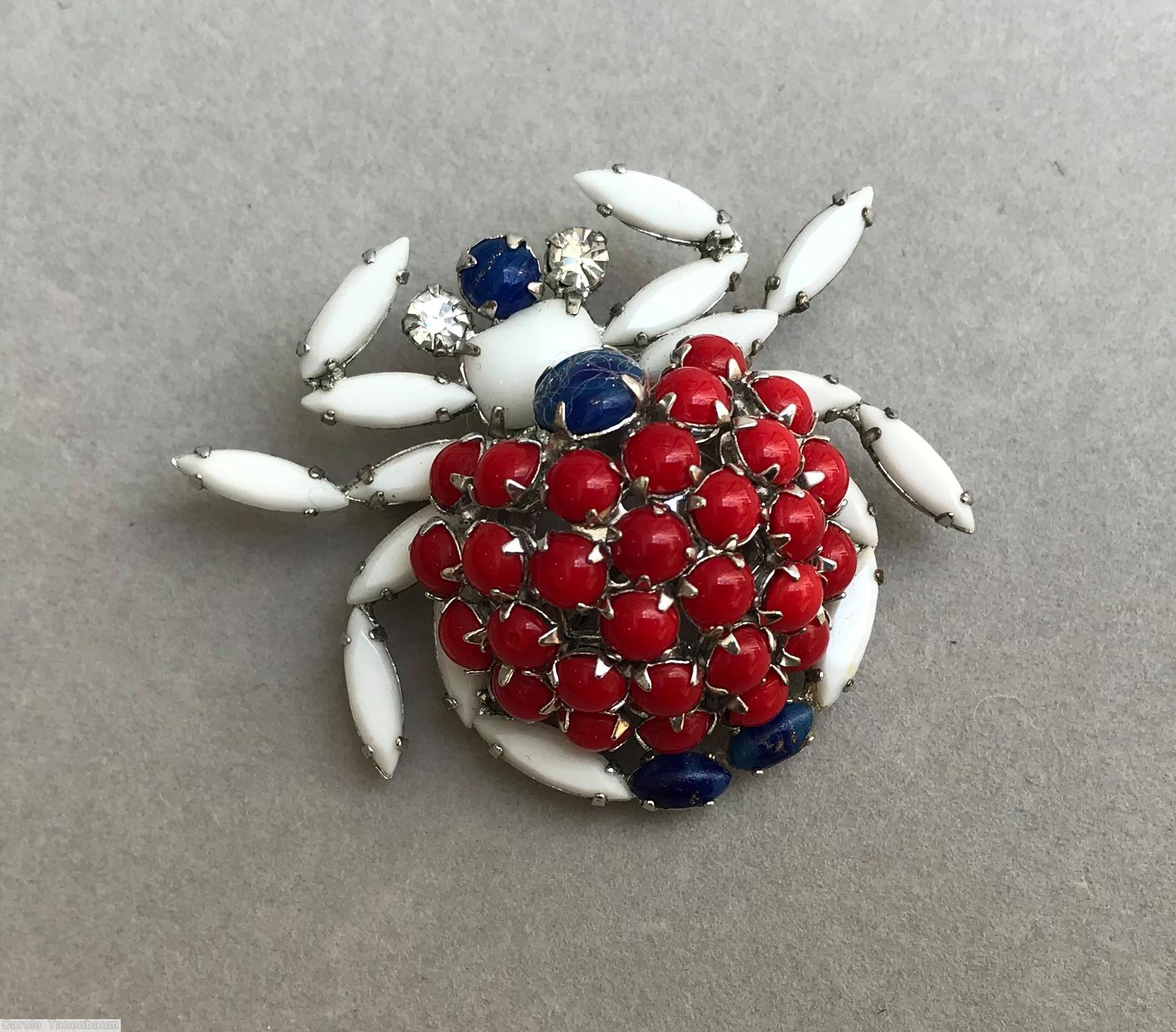 Schreiner spider domed round clustered body 6 navette leg white lapis red crystal jewelry