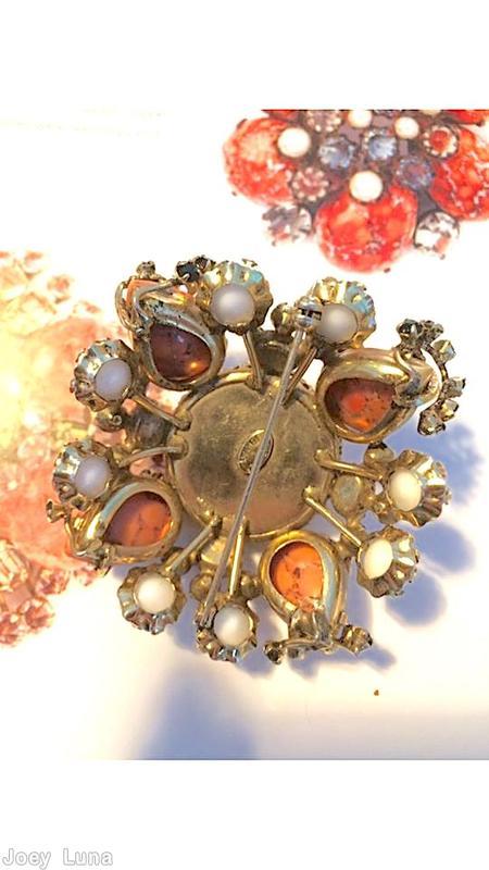 Schreiner square domed radial pin 4 metal leaf branch large round cab center 4 teardrop corner stone 4 rounds coral round cab center stone coral matrix teardrop milkwhite chaton crystal inverted stone goldtone jewelry