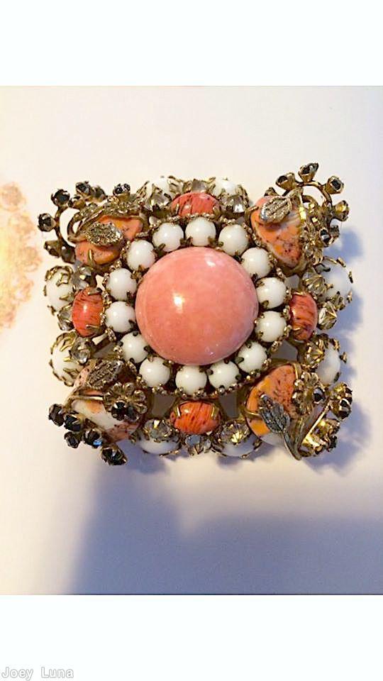 Schreiner square domed radial pin 4 metal leaf branch large round cab center 4 teardrop corner stone 4 rounds coral round cab center stone coral matrix teardrop milkwhite chaton crystal inverted stone goldtone jewelry