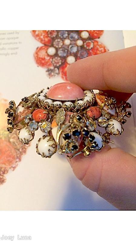 Schreiner square domed radial pin 4 metal leaf branch large round cab center 4 teardrop corner stone 4 rounds coral round cab center stone coral matrix teardrop milkwhite chaton crystal inverted stone goldtone jewelry