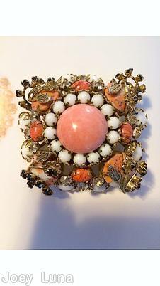 Schreiner square domed radial pin 4 metal leaf branch large round cab center 4 teardrop corner stone 4 rounds coral round cab center stone coral matrix teardrop milkwhite chaton crystal inverted stone goldtone jewelry