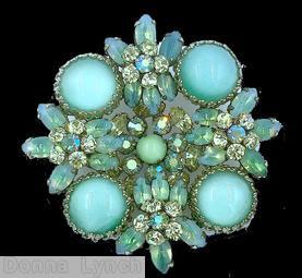 Schreiner square radial pin 4 large chaton corner 4 clustered flower small chaton center pale blud moonglow bicolor blue white navette ab chaton crystal chaton jewelry