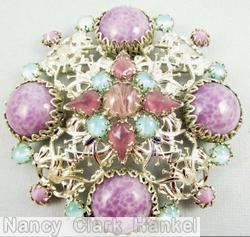 Schreiner square radial pin metal deco 4 large round stone at corner round stone center 4 surrounding heardrop 4 surrounding small chaton marbled purple large round cab moonglow apple green small round cab rasberry teardrop marbled peach round center stone jewelry