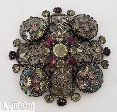 Schreiner square radial pin metal deco 4 large round stone at corner round stone center 4 surrounding heardrop 4 surrounding small chaton plum smoke metal deco jewelry