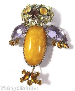 Schreiner standing owl large oval body 2 large teardrop wing navette beak chaton eye marbled honey large oval cab ice purple faceted large teardrop amber clear champagne jewelry