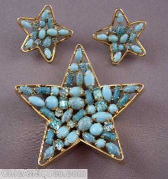 Schreiner star shaped shadow box pin turquoise baby blue ice blue goldtone jewelry