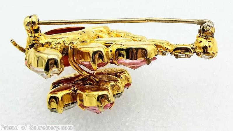 Schreiner swan 2 metal leg large teardrop body coral matrix body peach crystal topaz navette baguette black beak goldtone jewelry