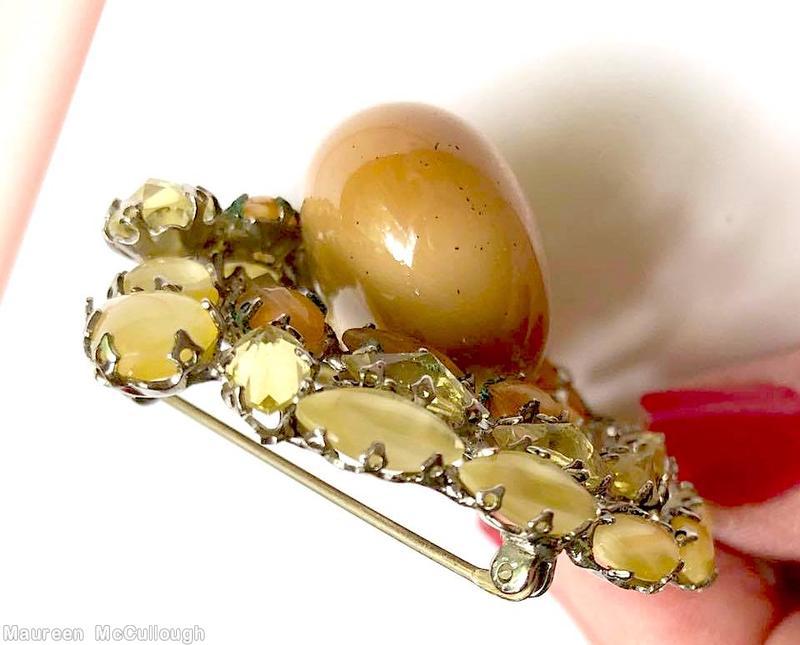 Schreiner swirl pin 1 large teardrop center stone 1 chaton 2 row navette honey large teardrop moonglow light brown brown carnelian champagne clear silvertone jewelry