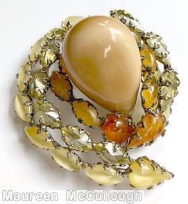 Schreiner swirl pin 1 large teardrop center stone 1 chaton 2 row navette honey large teardrop moonglow light brown brown carnelian champagne clear silvertone jewelry