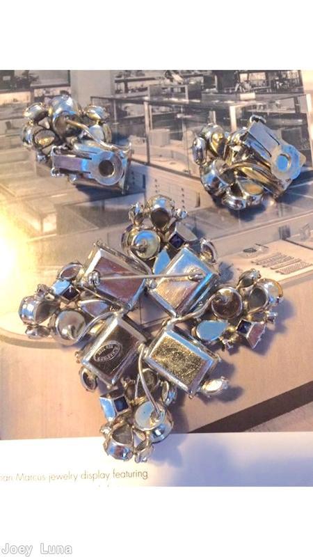 Schreiner swirled 4 sided pin 4 large faceted rectangle stone 4 branch of varied stone teardrop square inverted chaton clear blue faceted rectangle stone clear aqua teardrop lapis square stone mottled blue chaton pale blue crystal silvertone jewelry