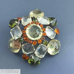 Schreiner swirled domed double triangle pin 6 large surrounding stone 5 floral branch pin faceted teardrop clear champagne coral large faceted crystal peridot jewelry