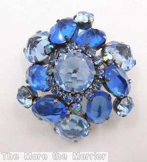 Schreiner swirled domed double triangle pin 6 large surrounding stone 5 floral branch pin faceted teardrop clear ice blue clear marina jewelry