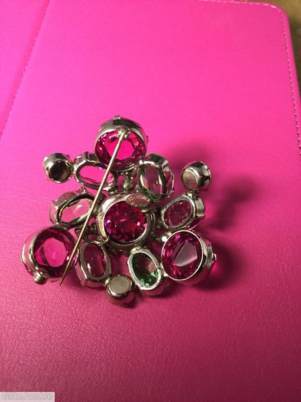 Schreiner swirled domed double triangle pin 6 large surrounding stone 5 floral branch pin faceted teardrop fuchsia green peach pink faux pearl silvertone jewelry