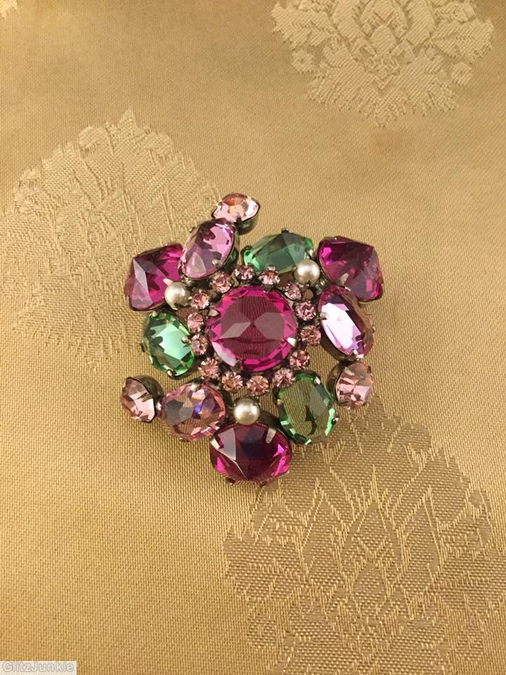 Schreiner swirled domed double triangle pin 6 large surrounding stone 5 floral branch pin faceted teardrop fuchsia green peach pink faux pearl silvertone jewelry