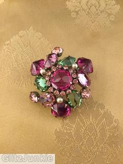 Schreiner swirled domed double triangle pin 6 large surrounding stone 5 floral branch pin faceted teardrop fuchsia green peach pink faux pearl silvertone jewelry