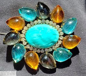 Schreiner swirled large teardrop oval pin 11 teardrop large oval center aqua clear amber crystal clear aqua jewelry