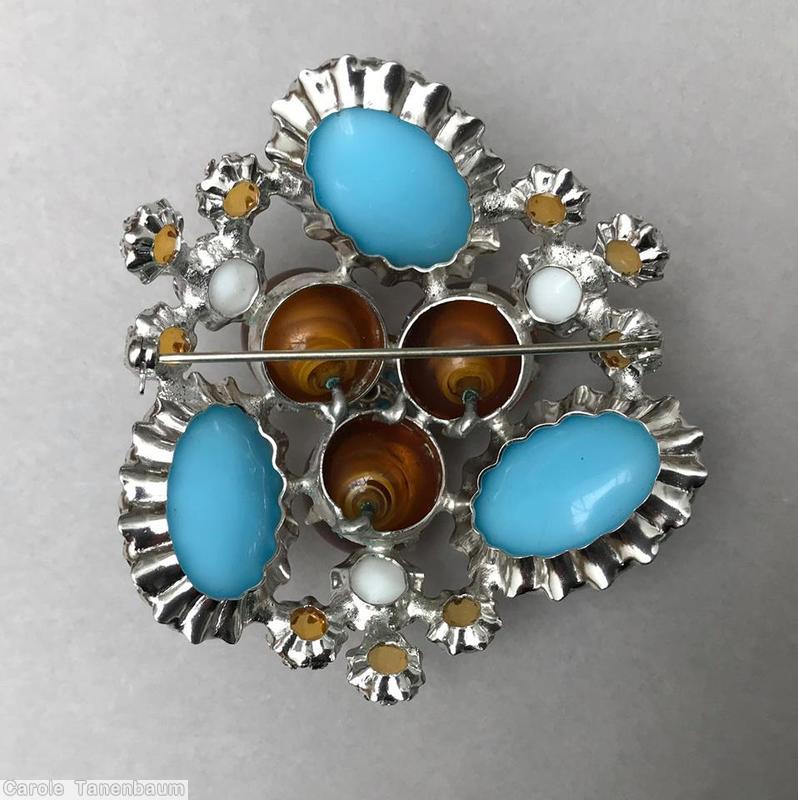 Schreiner swirled triangle pin 3 round cab 3 oval cab clustered flower center aqua clear amber white jewelry