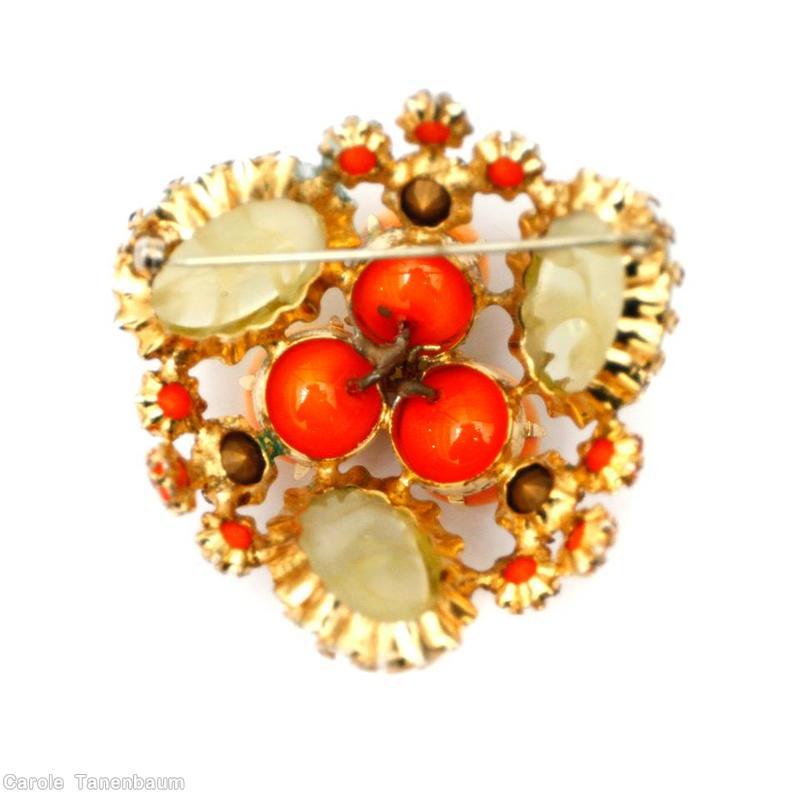 Schreiner swirled triangle pin 3 round cab 3 oval cab clustered flower center coral yellow lime marbled champagne jewelry
