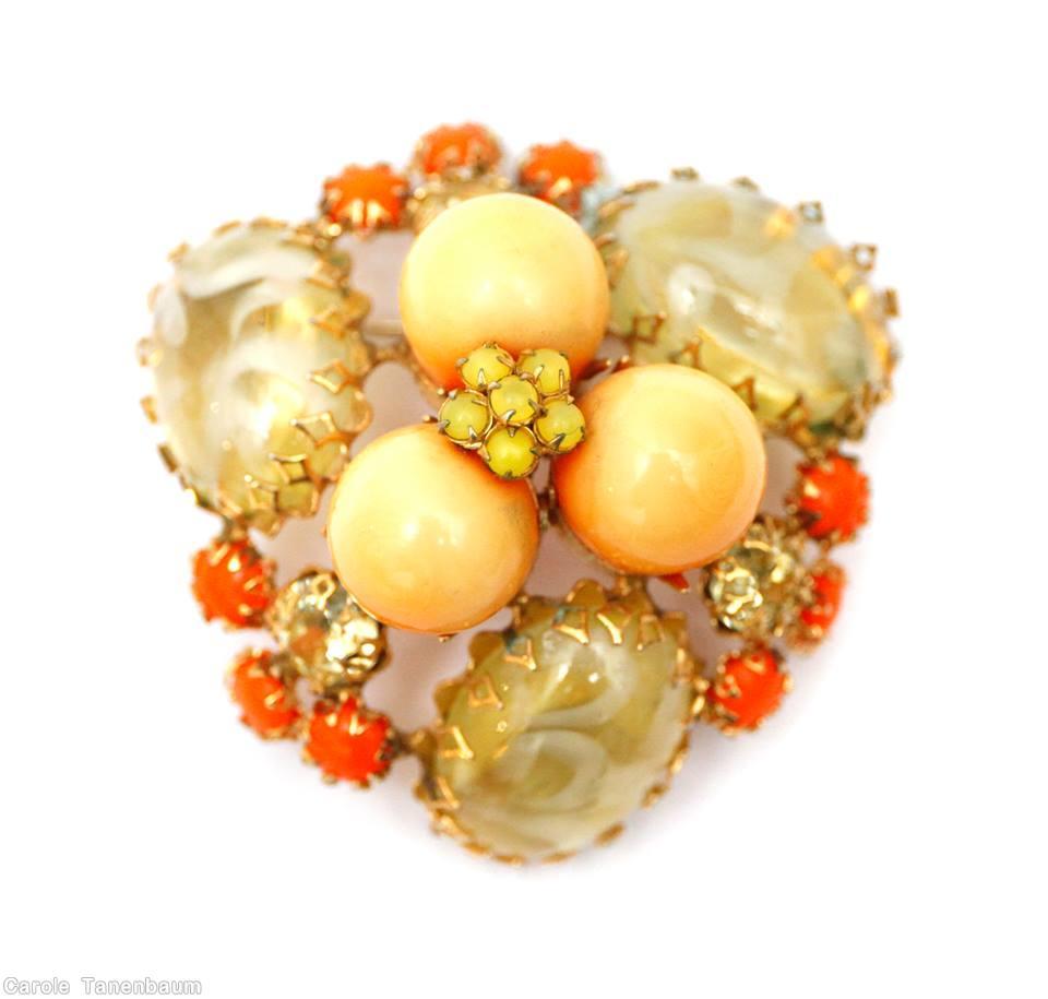Schreiner swirled triangle pin 3 round cab 3 oval cab clustered flower center coral yellow lime marbled champagne jewelry