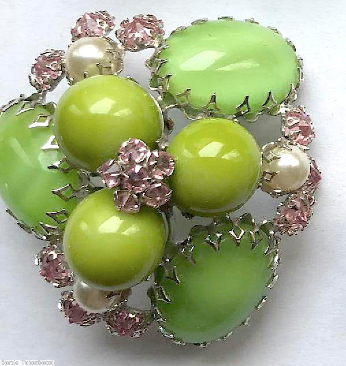 Schreiner swirled triangle pin 3 round cab 3 oval cab clustered flower center lime green round globe apple green moonglow large oval ice pink chaton faux pearl silvertone jewelry
