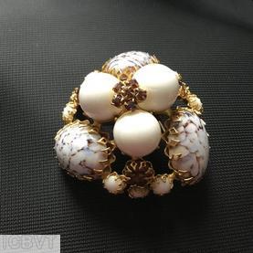 Schreiner swirled triangle pin 3 round cab 3 oval cab clustered flower center white brown marbled white jewelry