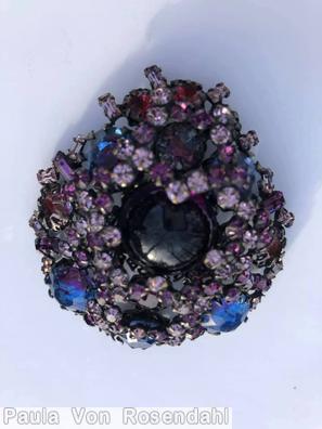 Schreiner teardrop shaped pin round cab center 5 larage round stone small baguette bicolor ruby sapphire purple pink ruby jet jewelry