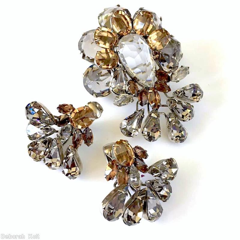 Schreiner top down 5 teardrop down pin large teardrop center 5 large faceted round stone 5 surrounding oval cab navette smoky large round faceted stone brown crystal silvertone jewelry