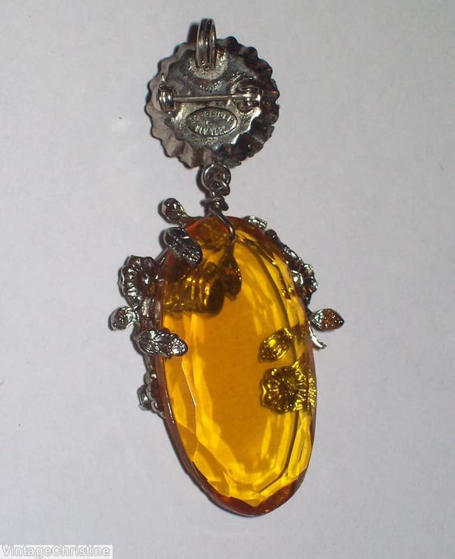 Schreiner top down dangling pin top 1 large round cab bottom 1 large octagon faceted no cup stone 2 metal leaf flower branch decoration amber coral gold marbled red silvertone jewelry