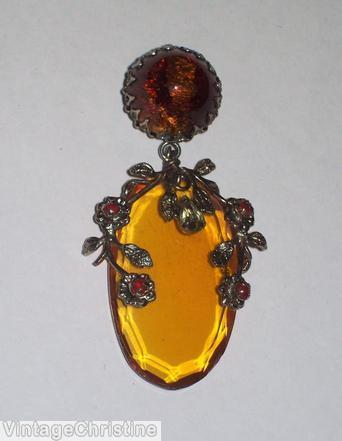 Schreiner top down dangling pin top 1 large round cab bottom 1 large octagon faceted no cup stone 2 metal leaf flower branch decoration amber coral gold marbled red silvertone jewelry