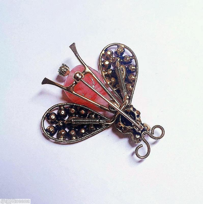 Schreiner trembler bug teardrop body 2 hammered end leg 1 teardrop 12 chaton wired wing chaton head 2 antenna large marbled pink swirl molded teardrop body fuschia small chaton emeral small chaton navy chaton ice blue chaton goldtone jewelry