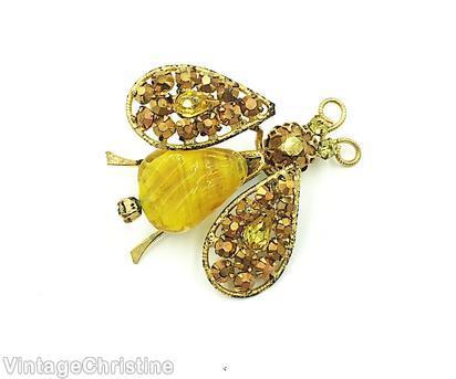 Schreiner trembler bug teardrop body 2 hammered end leg 1 teardrop 12 chaton wired wing chaton head 2 antenna yellow teardrop body gold metalic chaton wing goldtone jewelry