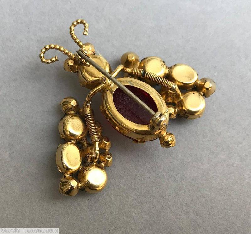 Schreiner trembling wing bug 3 chaton wing oval cab body ruby faux pearl crystal clear blue jewelry