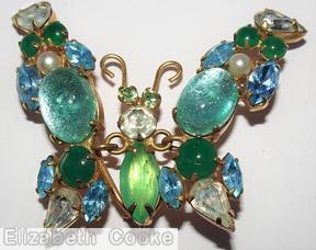 Schreiner trembling wing chained to body butterfly emerald chaton faux pearl seeds crystal teardrop blue ice blue goldtone jewelry