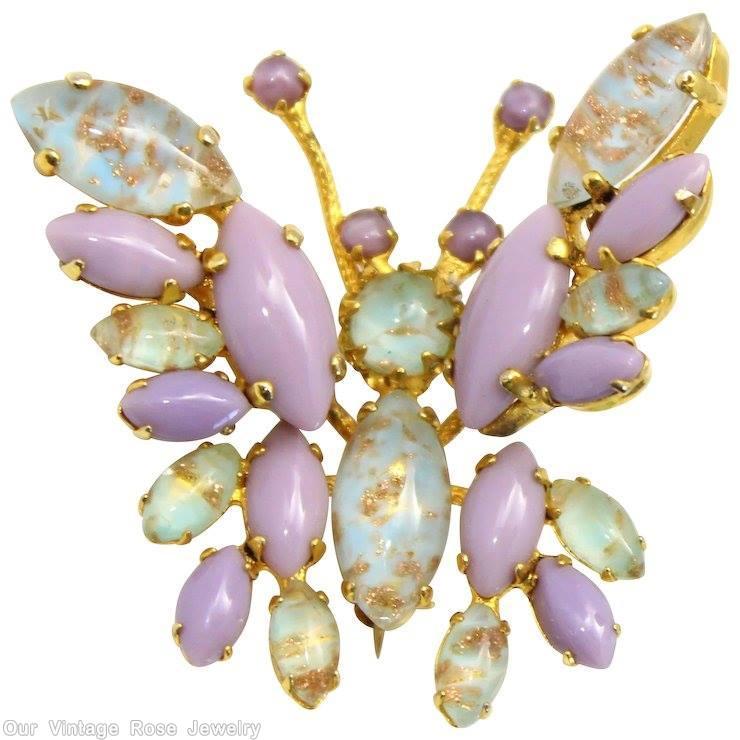 Schreiner trembling wing small butterfly opaque lavender blue venetian goldtone jewelry