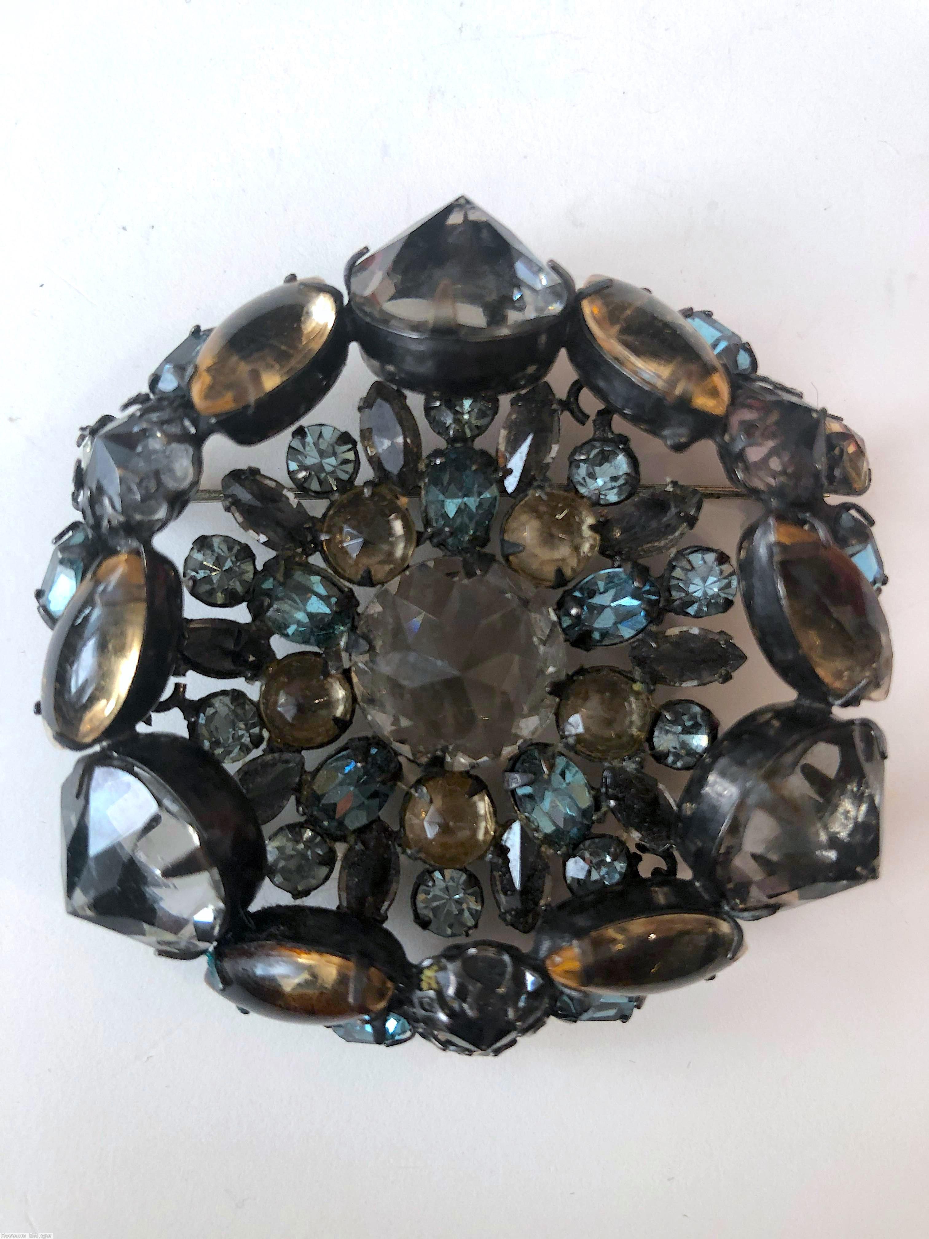 Schreiner triangle concave flat bottom pin large chaton center 10 surrounding stone 3 large oval stone 6 navette smoky large faceted center crysta large inverted stone peach oval stone smoky blue amber jewelry