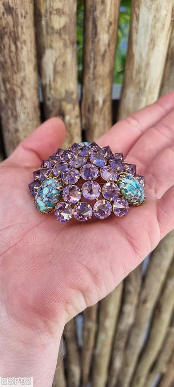 Schreiner triangle domed pin 3 large oval 30 inverted stone clear lavender inverted stone large turquoise purple marked aqua oval cab goldtone jewelry