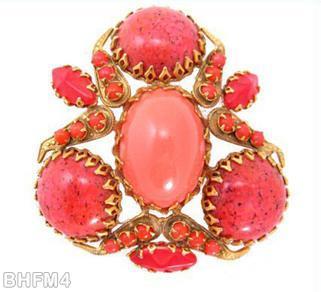 Schreiner triangle radial pin 3 large round cab 6 leaf shaped metal with varied size chaton embedded large oval cab center 3 navette matrix coral large round cab large oval coral cab goldtone jewelry