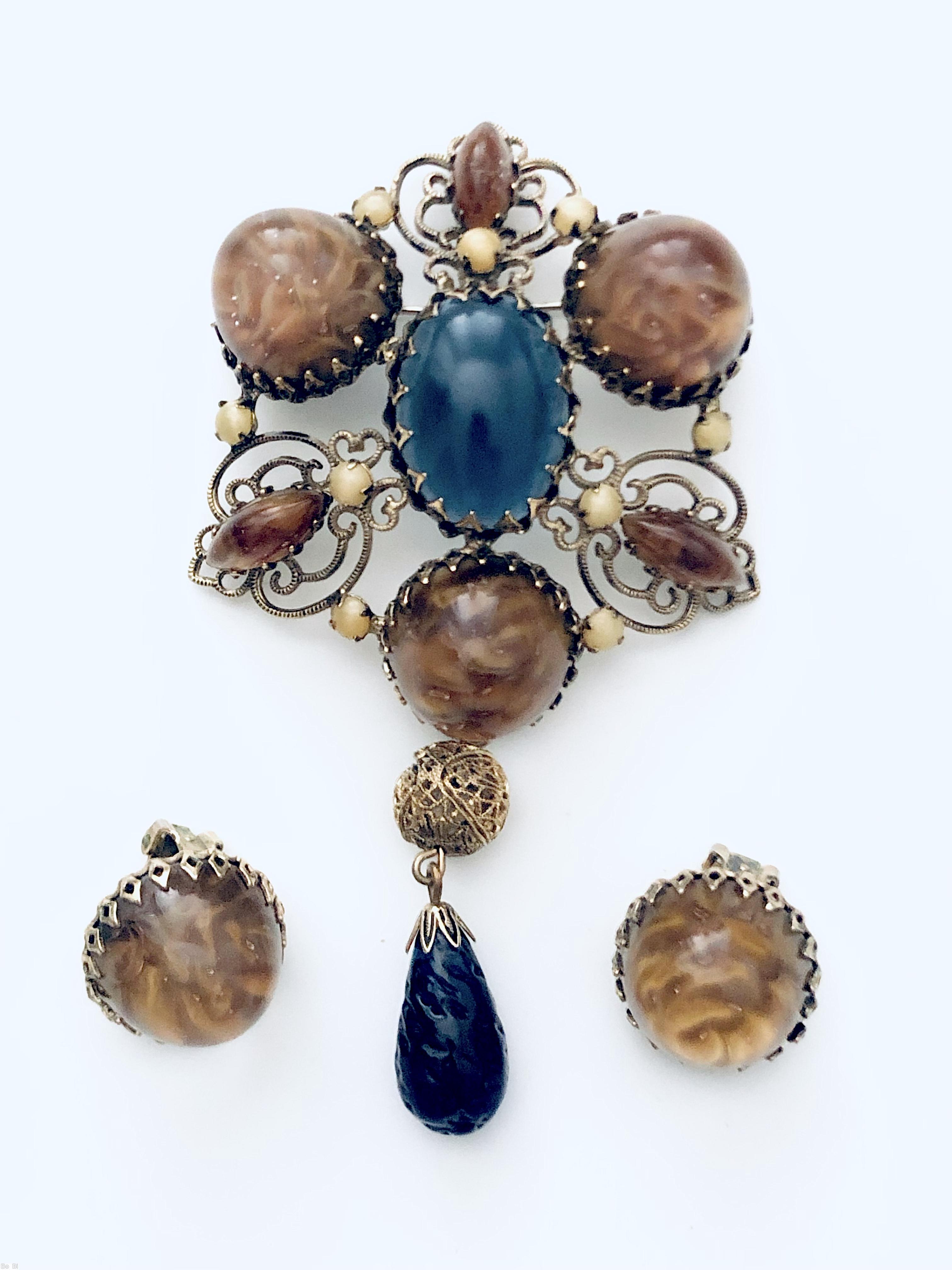 Schreiner triangle top down 1 dangle pin 3 large chaton large oval center filigree malachite round cab navy blue large oval cab center malachite navette ivy moonglow small chaton large navy mottled teardrop goldtone jewelry