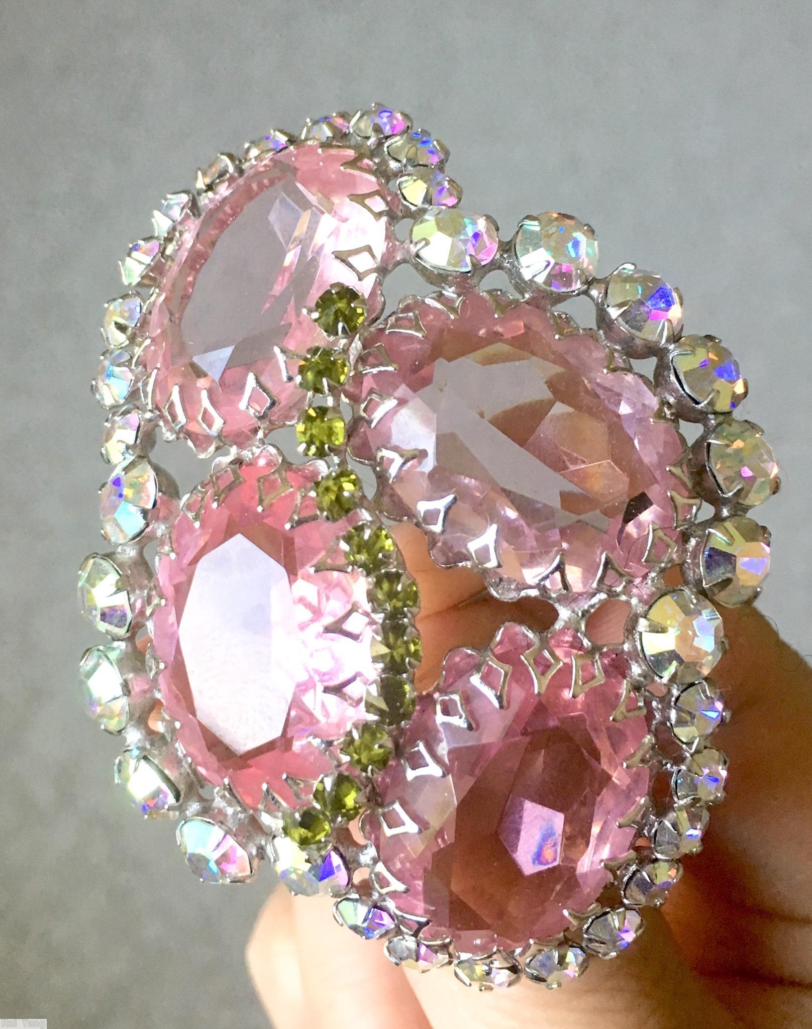 Schreiner wavy arranged 4 large oval cab pin pink large oval cab open back peridot ab silvertone jewelry