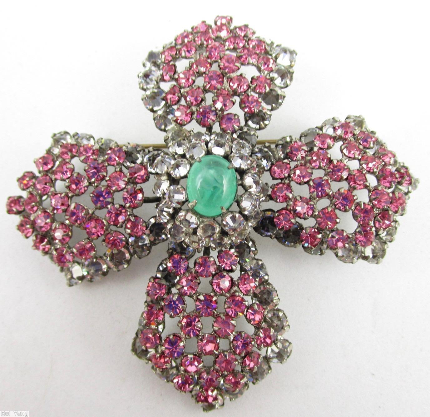 Schreiner wide arrow head cross pin oval cab domed center 2 rounds surrounding chaton pink crystal marbled green oval cab silvertone jewelry
