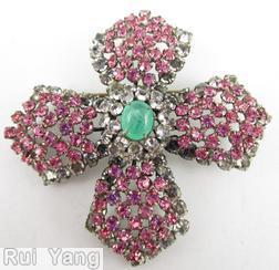 Schreiner wide arrow head cross pin oval cab domed center 2 rounds surrounding chaton pink crystal marbled green oval cab silvertone jewelry