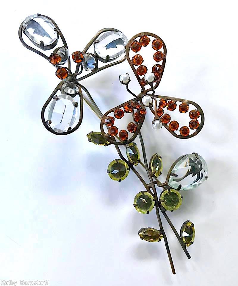 Schreiner wired petal 2 branch 3 flower bunch pin 3 large crystal faceted oval stone topaz seeds small inverted stone olivine crystal faceted teardrop jewelry