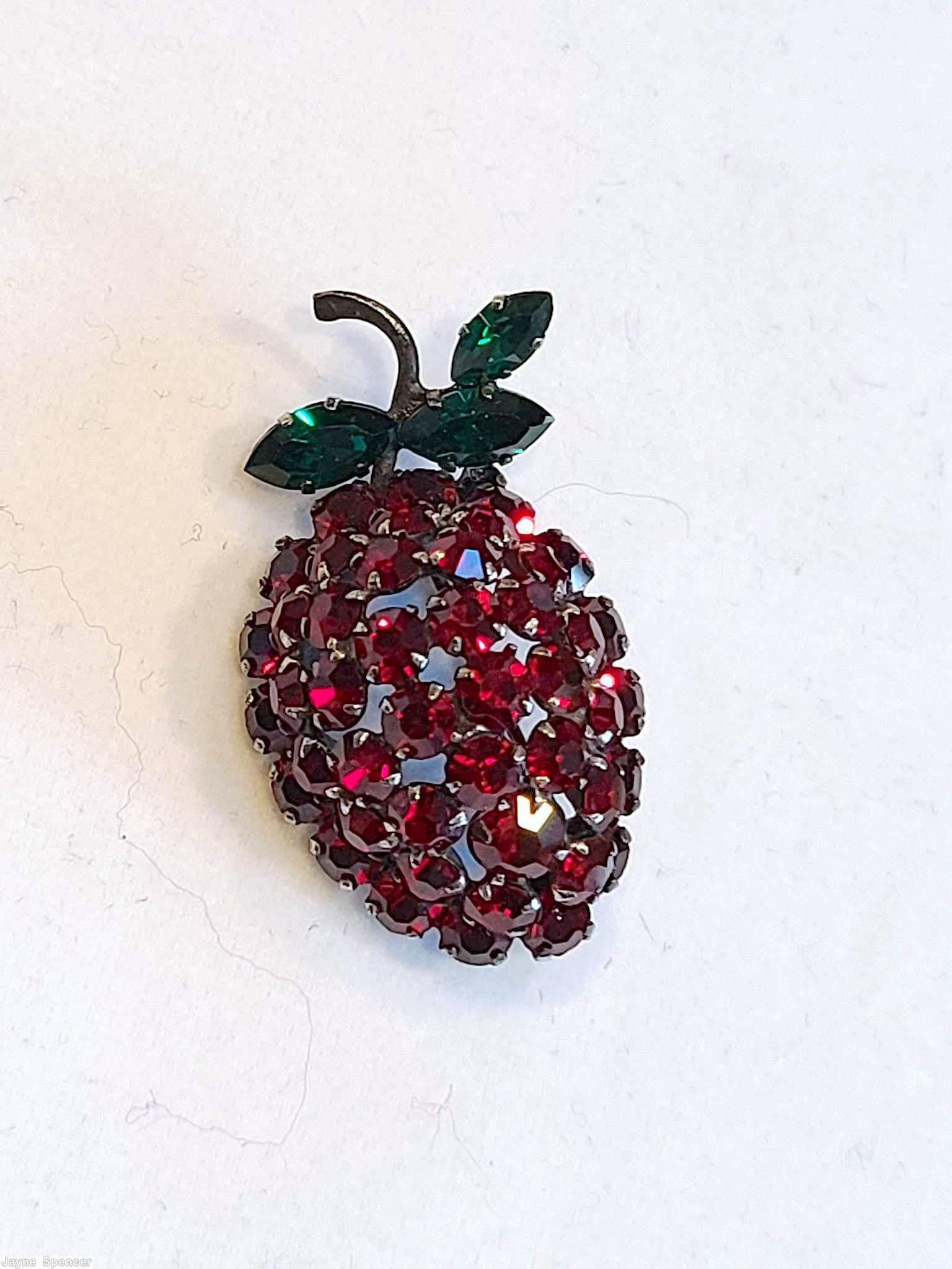 Schreiner strawberry pin 3 navette leaf clustered chaton ball ruby chaton green navette gunmetal jewelry