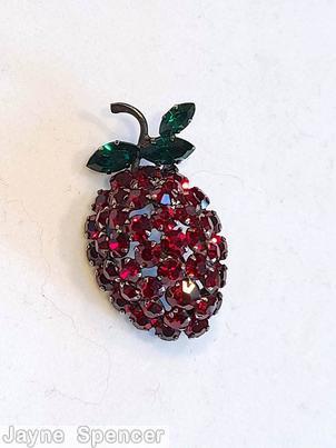 Schreiner strawberry pin 3 navette leaf clustered chaton ball ruby chaton green navette gunmetal jewelry