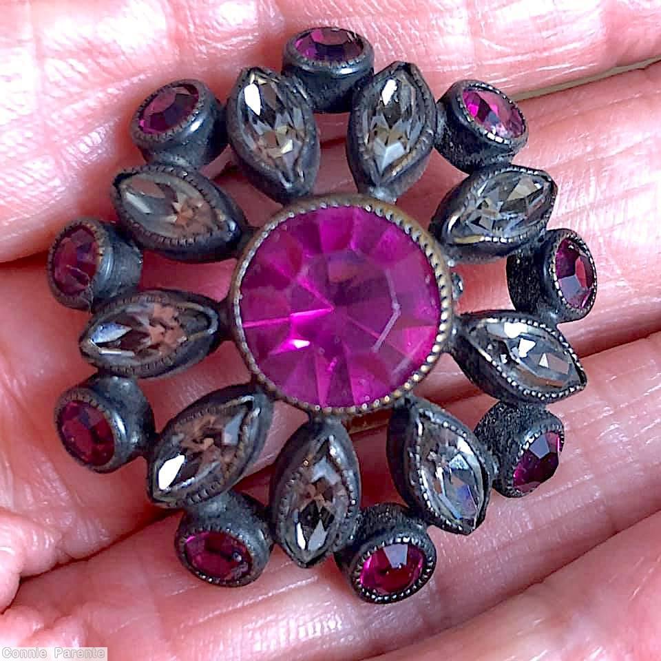 Schreiner radial domed 2 rounds round button large chaton center 9 navette surrounding 9 small chaton fuchia chaton crystal navette jewelry