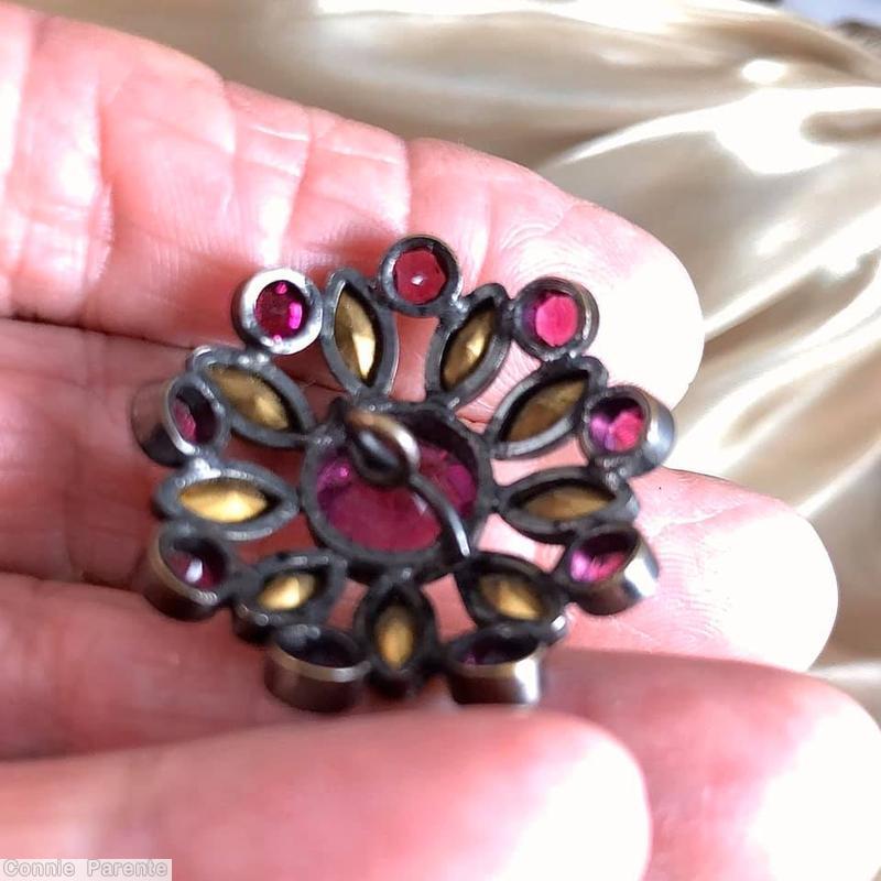 Schreiner radial domed 2 rounds round button large chaton center 9 navette surrounding 9 small chaton fuchia chaton crystal navette jewelry