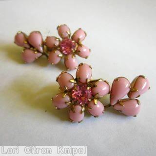 Schreiner 1 flower 1 branch earring 6 small navette 3 small teardrop opaque peach pink chaton goldtone jewelry